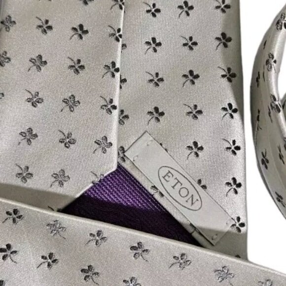 ETON Men's 100% Silk Necktie LUXURY Tie Ivory Black Floral W:3.4" EUC - Picture 2 of 4